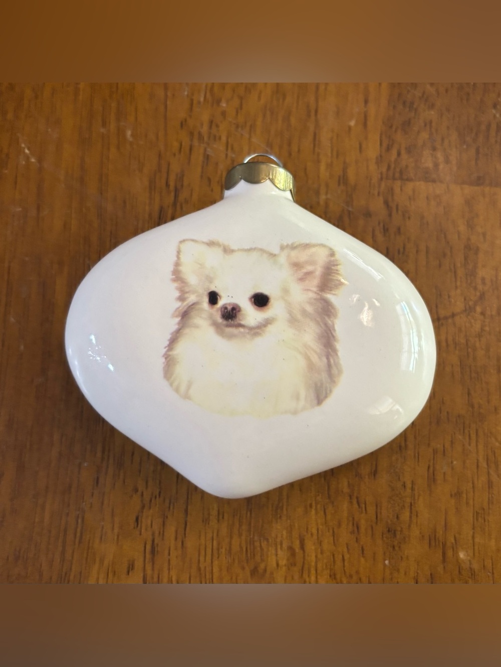 Handmade White Long Haired Chihuahua Glass Ornament